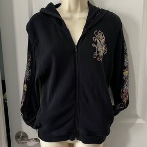 Cocoa Vintage Waffle Zip-Up Hoodie with Multicolor LOVE Foiled Graphics SZ L